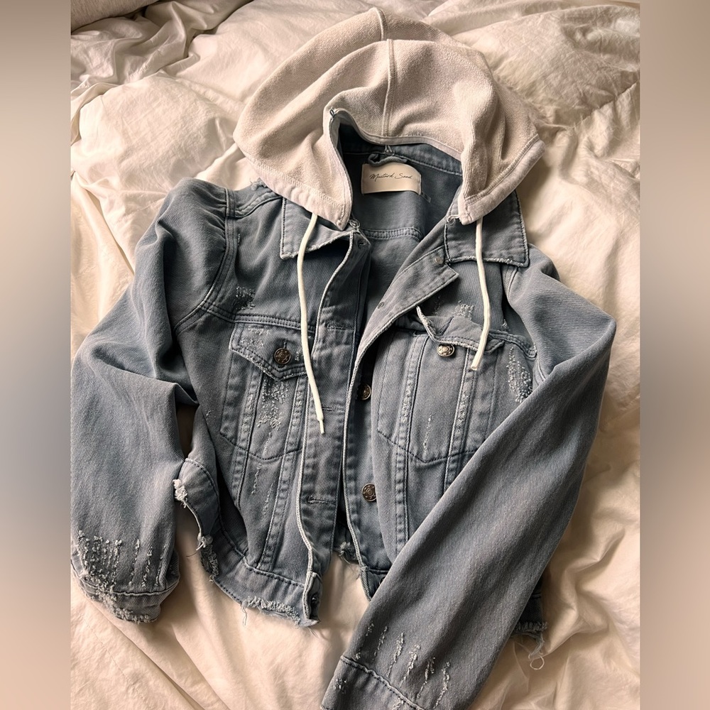 Denim jean jacket with attached gray linen hoodie (small)